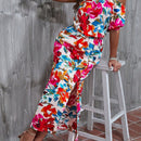 VCAY Vestido con estampado floral de cuello asimetrico de manga farol de muslo con abertura