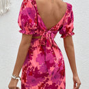 Vcay vestido con estampado floral de espalda abierta con cordon de manga farol