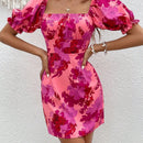 Vcay vestido con estampado floral de espalda abierta con cordon de manga farol