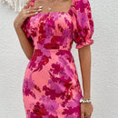 Vcay vestido con estampado floral de espalda abierta con cordon de manga farol
