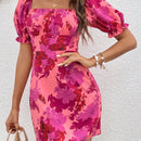 Vcay vestido con estampado floral de espalda abierta con cordon de manga farol