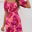 Vcay vestido con estampado floral de espalda abierta con cordon de manga farol