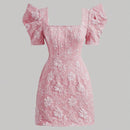 Mod vestido floral jacquard de cuello cuadrado de manga farol