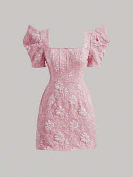 Mod vestido floral jacquard de cuello cuadrado de manga farol