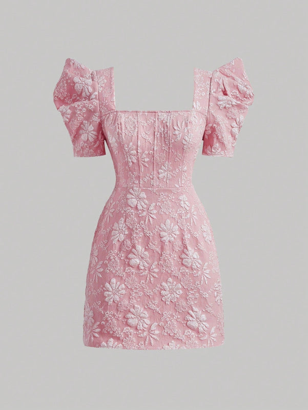 Mod vestido floral jacquard de cuello cuadrado de manga farol