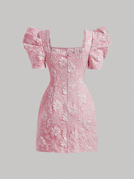 Mod vestido floral jacquard de cuello cuadrado de manga farol