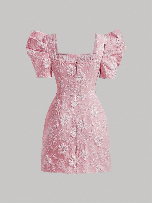 Mod vestido floral jacquard de cuello cuadrado de manga farol