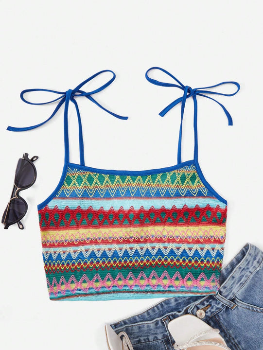 WYWH Top de tirantes con patron geometrico de hombros con cordon