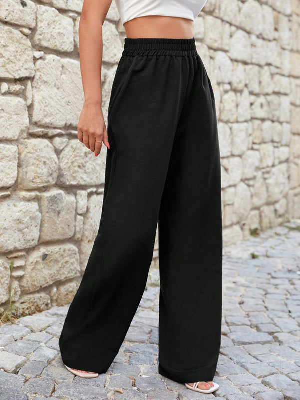 Cottnline pantalones de pierna ancha unicolor con bolsillo oblicuo