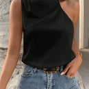 Unity Blusa unicolor de cuello asimetrico de saten