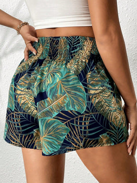 VCAY Shorts con estampado tropical de cintura elastica