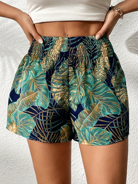 VCAY Shorts con estampado tropical de cintura elastica