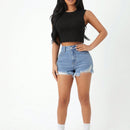 PETITE Shorts en mezclilla con lavado bajo crudo