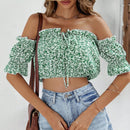VCAY Camisa crop con estampado floral de hombros descubiertos ribete fruncido con cordon delantero