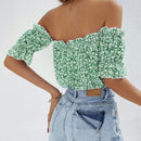 VCAY Camisa crop con estampado floral de hombros descubiertos ribete fruncido con cordon delantero