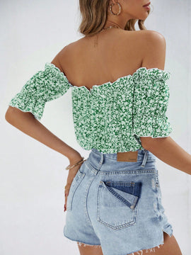 VCAY Camisa crop con estampado floral de hombros descubiertos ribete fruncido con cordon delantero