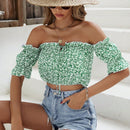 VCAY Camisa crop con estampado floral de hombros descubiertos ribete fruncido con cordon delantero