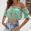 VCAY Camisa crop con estampado floral de hombros descubiertos ribete fruncido con cordon delantero