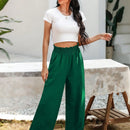 Essnce pantalones casuales sueltos de pierna ancha con bolsillos y cintura fruncida de unicolor para mujeres