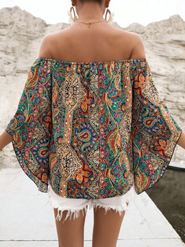 VCAY Blusa con estampado de paisley de hombros descubiertos manga de campana