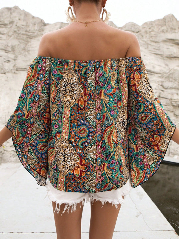VCAY Blusa con estampado de paisley de hombros descubiertos manga de campana