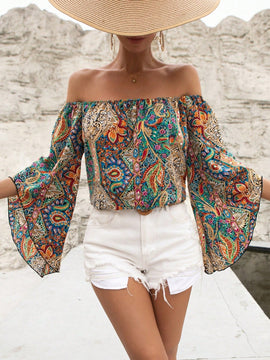VCAY Blusa con estampado de paisley de hombros descubiertos manga de campana