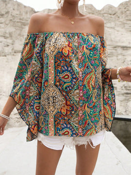 VCAY Blusa con estampado de paisley de hombros descubiertos manga de campana