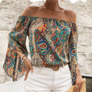 VCAY Blusa con estampado de paisley de hombros descubiertos manga de campana