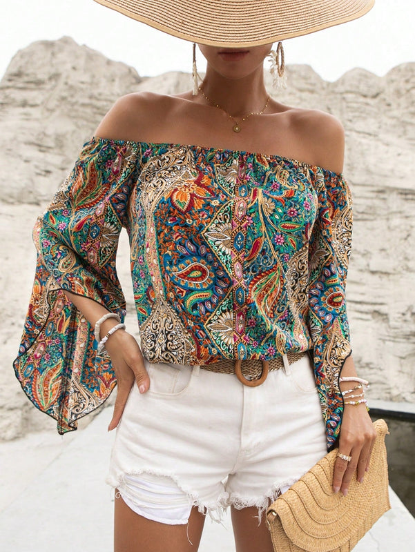 VCAY Blusa con estampado de paisley de hombros descubiertos manga de campana