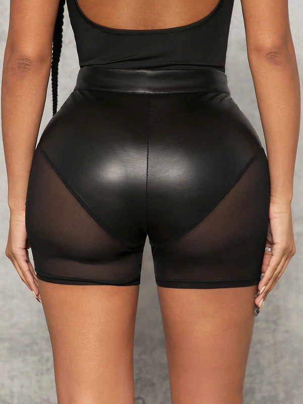 SXY Shorts de malla en contraste PU delgado