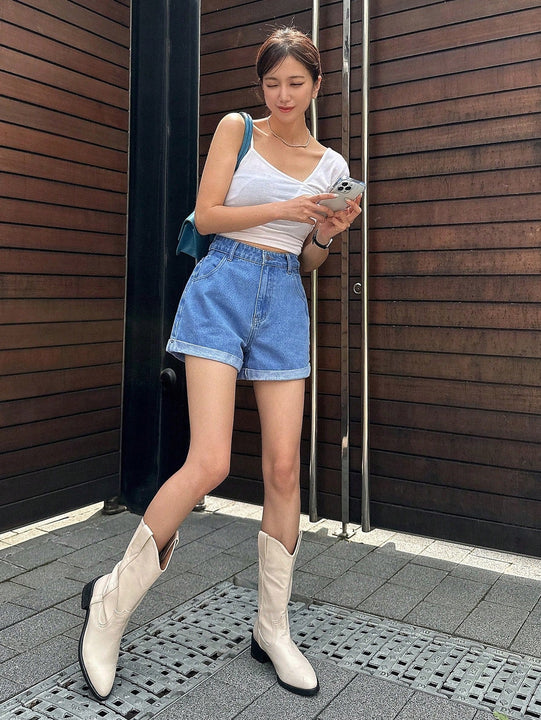 DAZY Pantalones Cortos De De Jean De Cintura Alta Con Dobladillo Enrollado