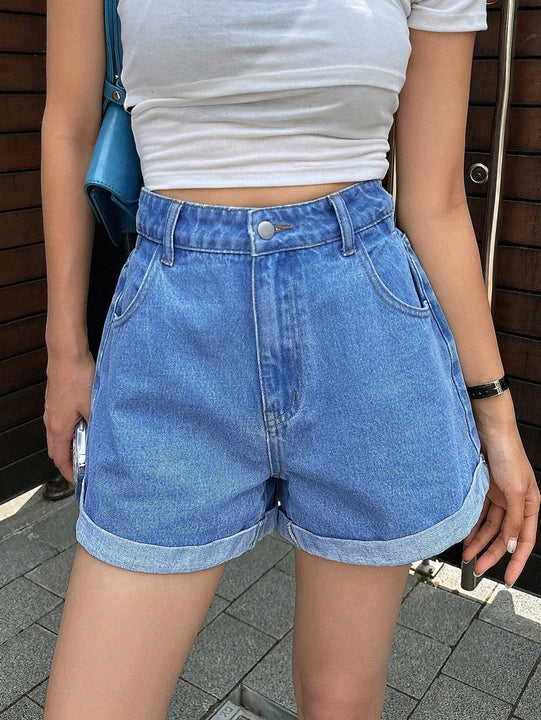 DAZY Pantalones Cortos De De Jean De Cintura Alta Con Dobladillo Enrollado