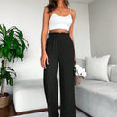 2 piezas pantalon para mujer de cintura alta y pierna ancha en unicolor marron y negro, casual y minimalista con un sentido de la caida