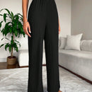 2 piezas pantalon para mujer de cintura alta y pierna ancha en unicolor marron y negro, casual y minimalista con un sentido de la caida