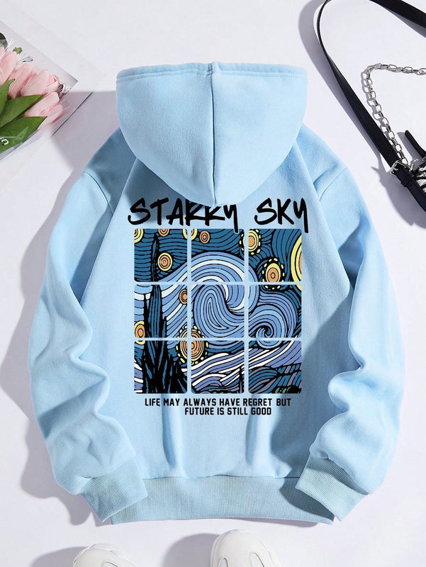 Ezwear sudadera con capucha con cordon, forro termico, diseno grafico de eslogan: "la vida del cielo estrellado puede tener siempre arrepentimiento, pero el futuro todavia es bueno"