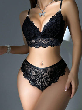 Set de lenceria con bordado de mariposa con encaje floral con aro