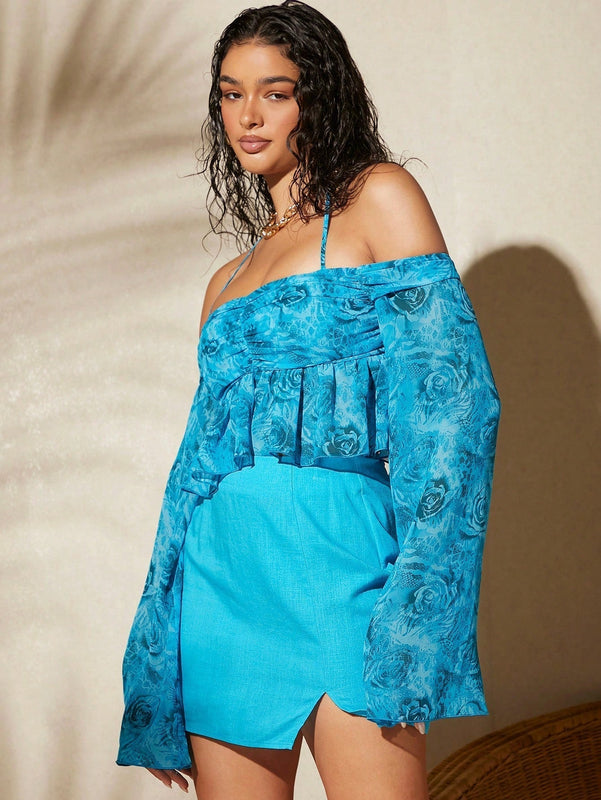 VCAY Top con estampado floral bajo con fruncido halter de hombros descubiertos pecho con fruncido