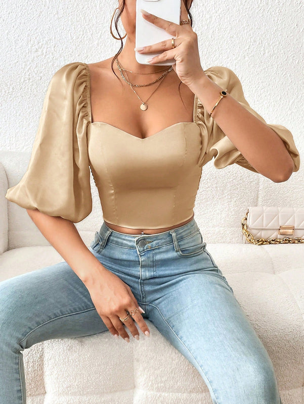 Camisa crop escote corazon de manga farol