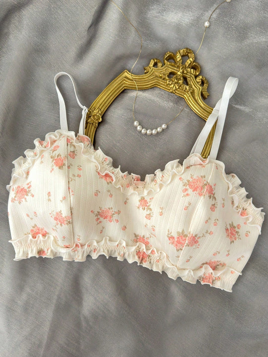 Sujetador De Encaje Con Estampado Floral Y Volantes