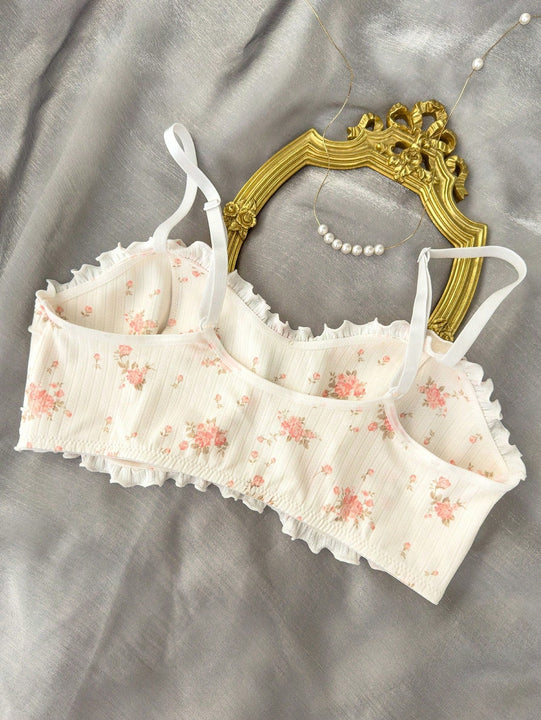 Sujetador De Encaje Con Estampado Floral Y Volantes