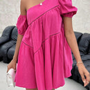 Vestido smock unicolor de cuello asimetrico de manga farol