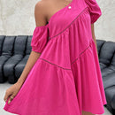 Vestido smock unicolor de cuello asimetrico de manga farol