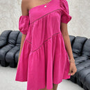 Vestido smock unicolor de cuello asimetrico de manga farol