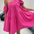 Vestido smock unicolor de cuello asimetrico de manga farol