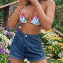 VCAY Shorts en mezclilla con estampado floral bajo de doblez