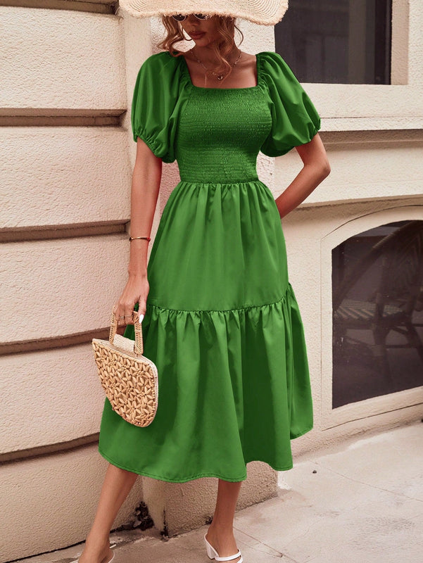 Frenchy Vestido de cuello cuadrado de manga farol bajo con fruncido