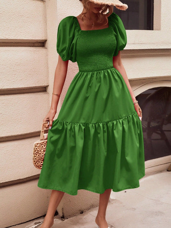 Frenchy Vestido de cuello cuadrado de manga farol bajo con fruncido