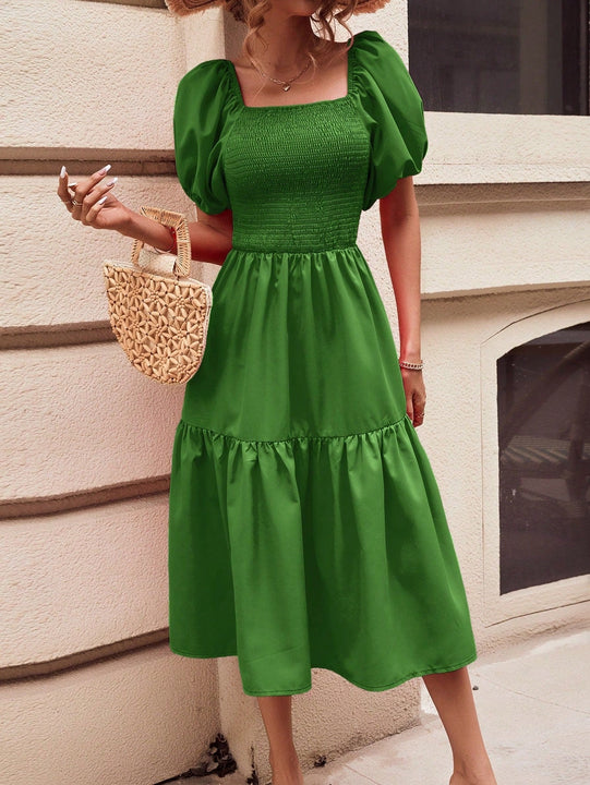 Frenchy Vestido de cuello cuadrado de manga farol bajo con fruncido