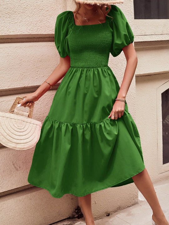 Frenchy Vestido de cuello cuadrado de manga farol bajo con fruncido