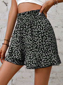 LUNE Shorts floral de cintura con volante bajo con fruncido